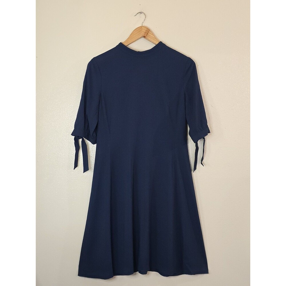 Theory Alvilla Bergen Navy Fit Flare Dress Tie Sleeve Size 6 Cocktail Modern - Picture 2 of 12